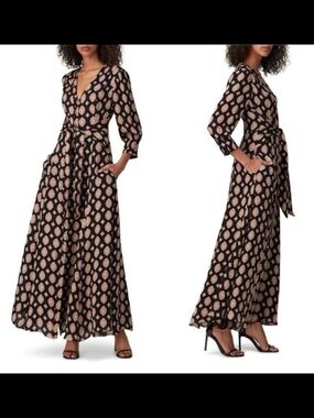 NICHOLAS Maxi Dress Black W Red,Beige Medallion Print, Waist Tie, 100% Silk, US6